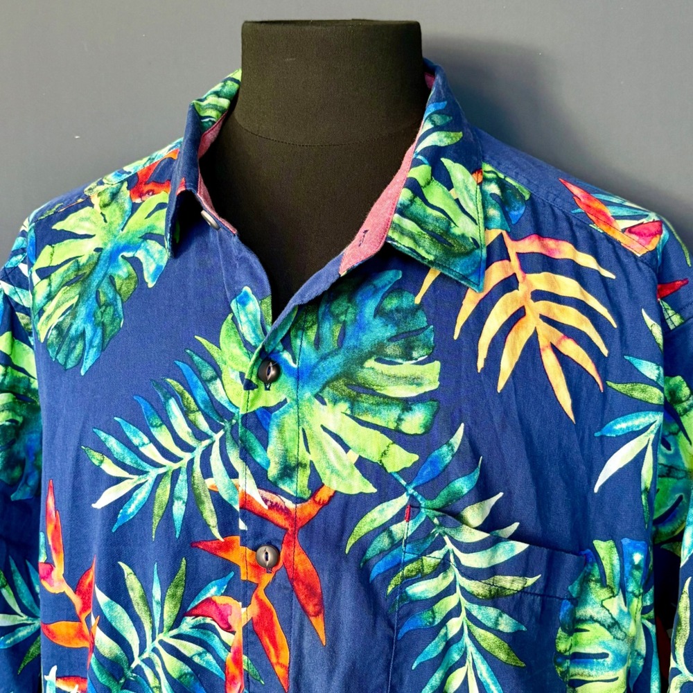 Tommy Bahama Tropical Leaf Floral Shirt Tencel Cotton Blue | Size XXL‎